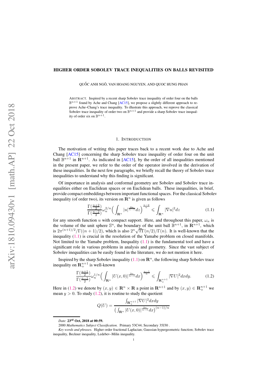 Pdf Higher Order Sobolev Trace Inequalities On Balls Revisited