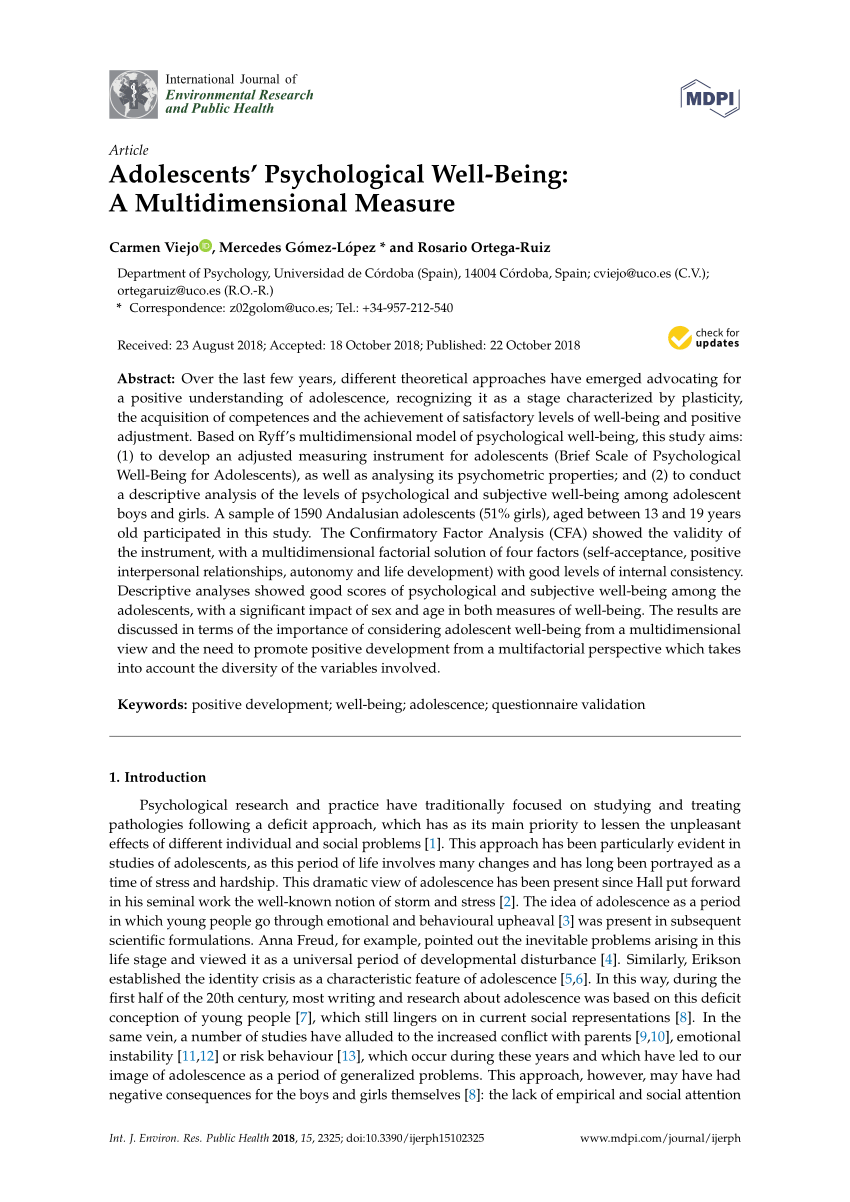 Pdf Adolescents Psychological Well Being A Multidimensional Measure 6323