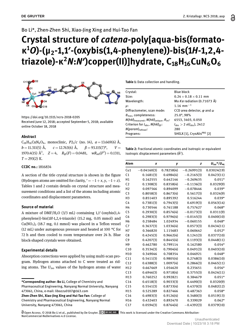 Pdf Crystal Structure Of Catena Poly Aqua Bis Formato K1o M2 1 1 Oxybis 1 4 Phenylene Bis 1h 1 2 4 Triazole K2n N Copper Ii Hydrate C18h16cun6o6
