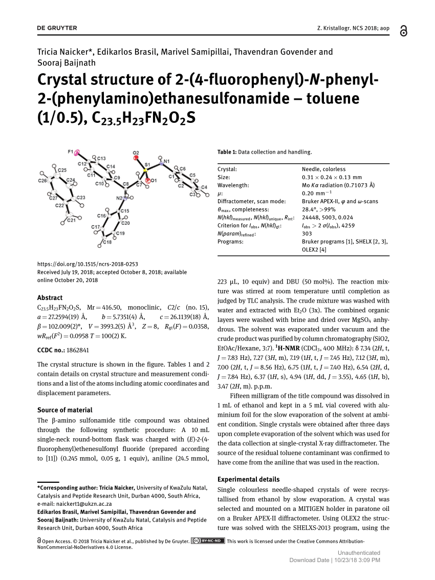 Pdf Crystal Structure Of 2 4 Fluorophenyl N Phenyl 2 Phenylamino Ethanesulfonamide Toluene 1 0 5 C23 5h23fn2o2s