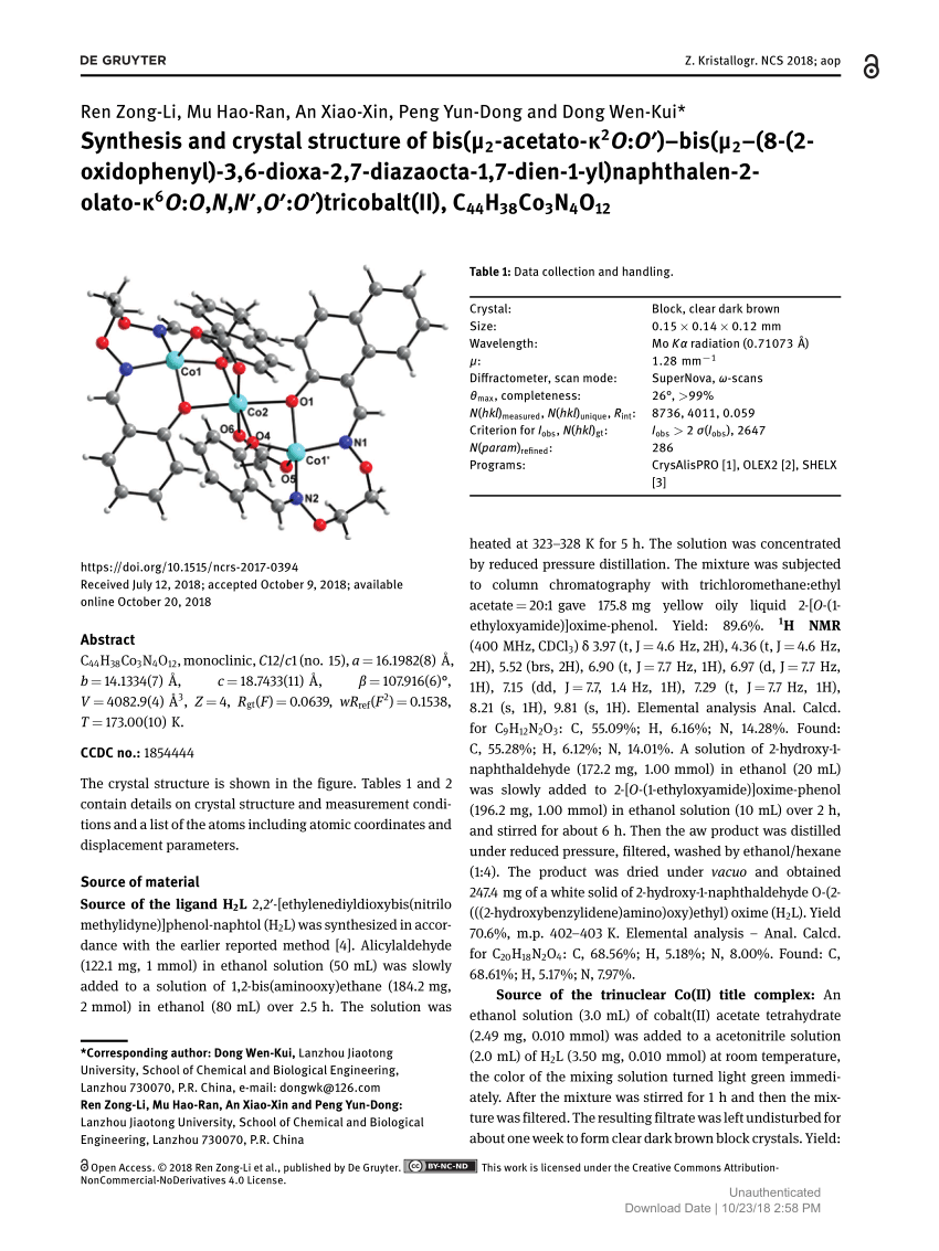 Pdf Synthesis And Crystal Structure Of Bis M2 Acetato K2o O Bis M2 8 2 Oxidophenyl 3 6 Dioxa 2 7 Diazaocta 1 7 Dien 1 Yl Naphthalen 2 Olato K6o O N N O O Tricobalt Ii C44h38co3n4o12