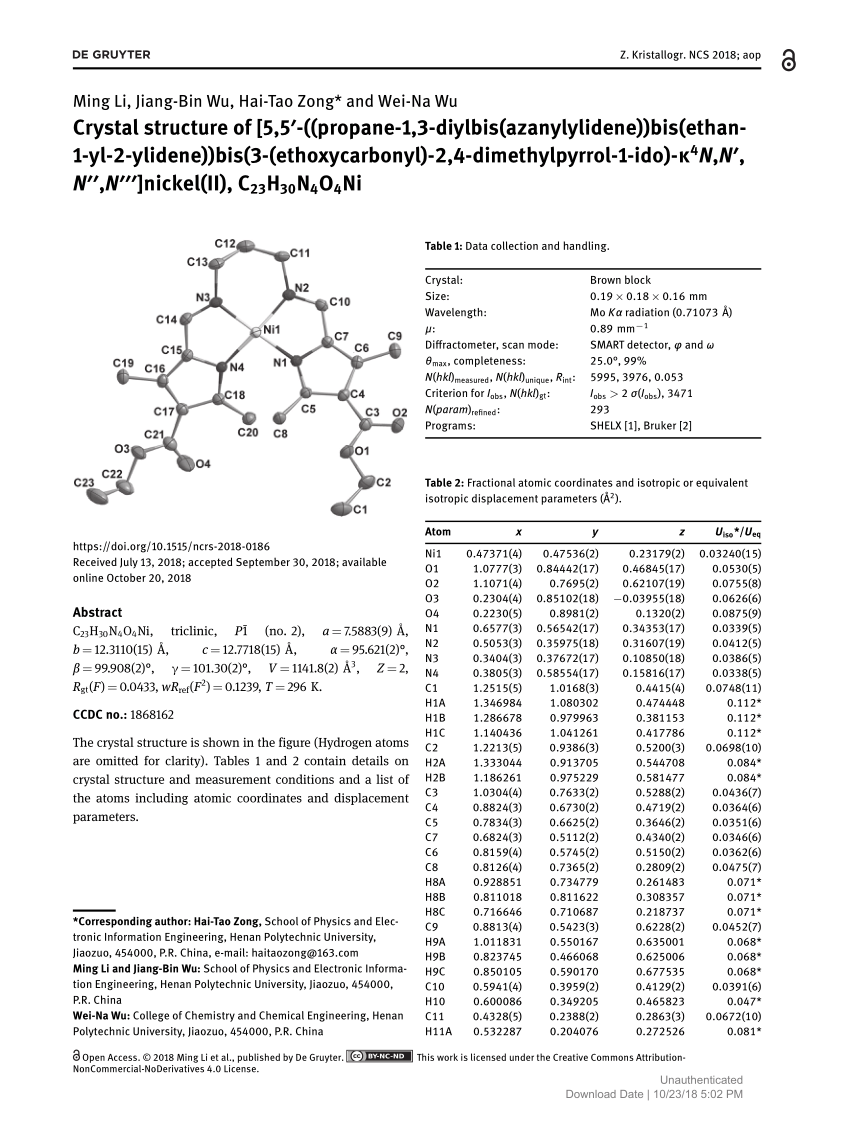 Pdf Crystal Structure Of 5 5 Propane 1 3 Diylbis Azanylylidene Bis Ethan 1 Yl 2 Ylidene Bis 3 Ethoxycarbonyl 2 4 Dimethylpyrrol 1 Ido K4n N N N Nickel Ii C23h30n4o4ni