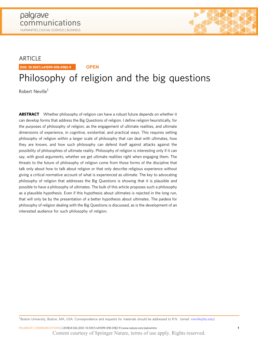 Pdf Philosophy Of Religion And The Big Questions