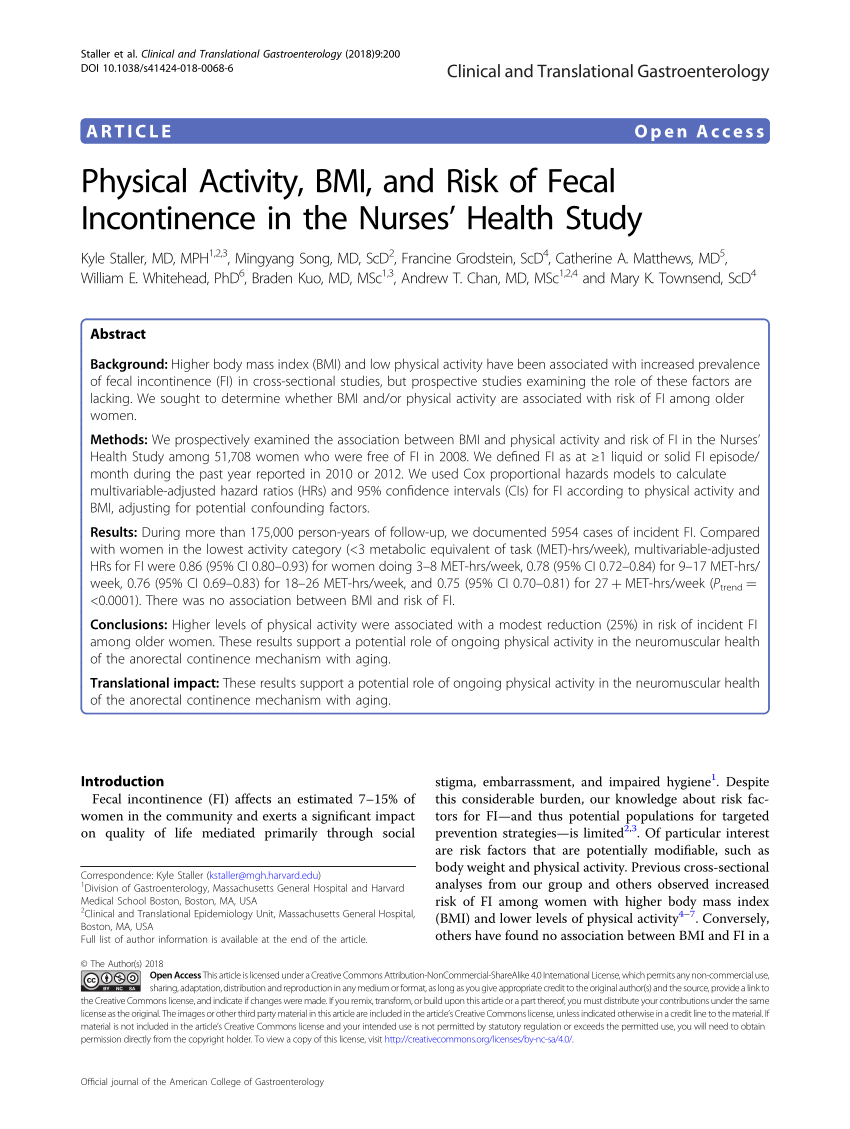 PDF Physical Activity BMI and Risk of Fecal Incontinence in the  