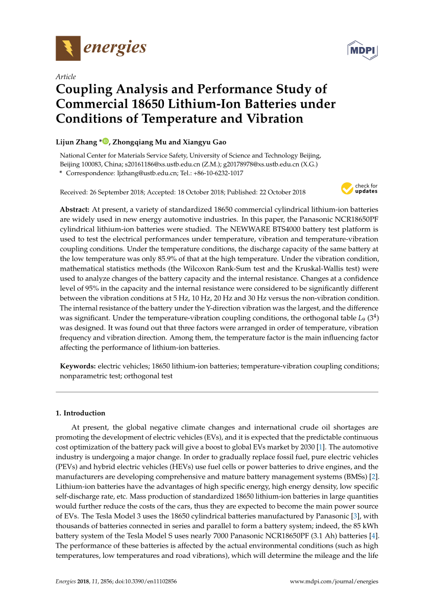 Pdf Coupling Analysis And Performance Study Of Commercial 18650 Lithium Ion Batteries Under Conditions Of Temperature And Vibration