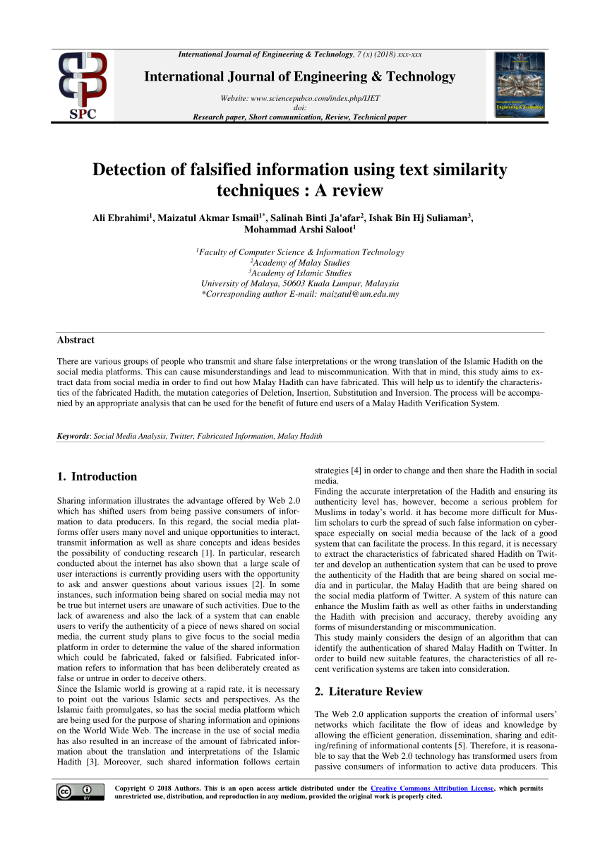 Pdf Detection Of Falsified Information Using Text Similarity Techniques A Review