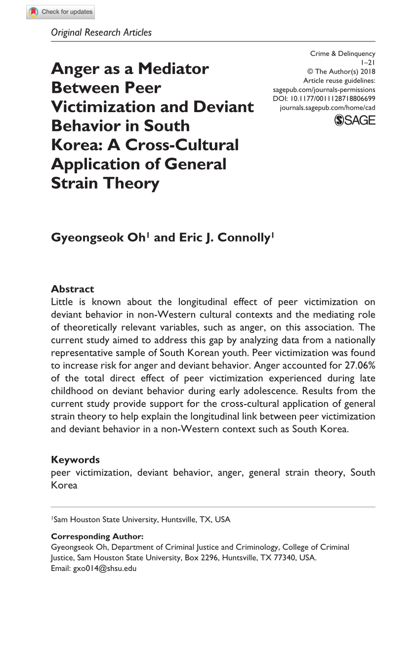 Pdf Anger As A Mediator Between Peer Victimization And Deviant