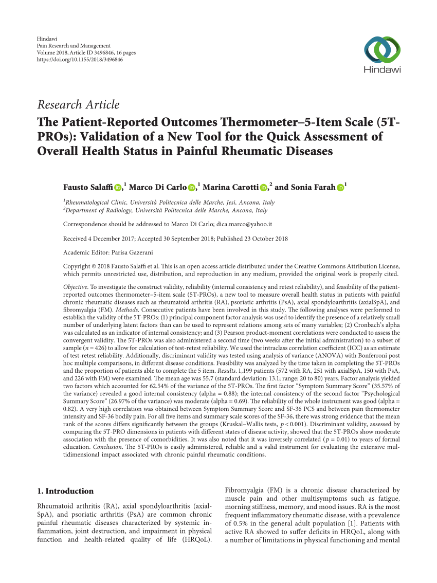 Pdf The Patient Reported Outcomes Thermometer 5 Item Scale 5t Pros Validation Of A New Tool For The Quick Assessment Of Overall Health Status In Painful Rheumatic Diseases