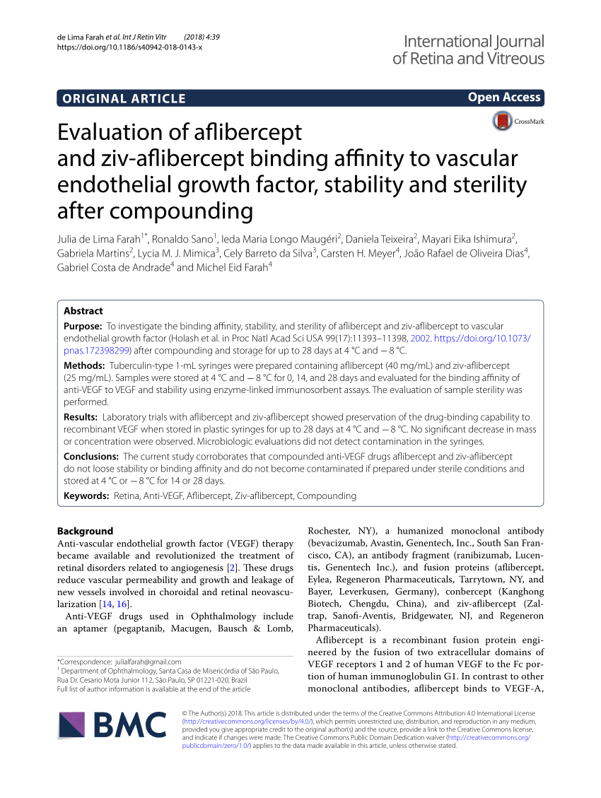 Pdf Evaluation Of Aflibercept And Ziv Aflibercept Binding Affinity To Vascular Endothelial Growth Factor Stability And Sterility After Compounding
