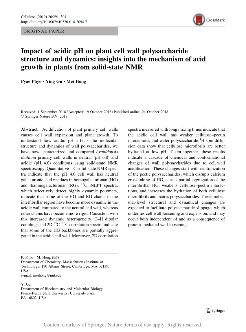 Impact Of Acidic Ph On Plant Cell Wall Polysaccharide Structure And Dynamics Insights Into The Mechanism Of Acid Growth In Plants From Solid State Nmr Request Pdf