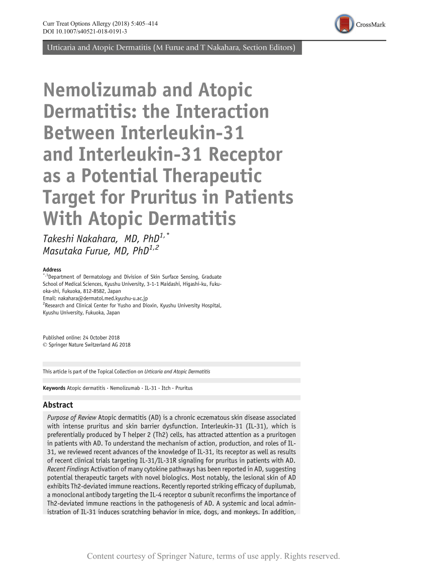 Nemolizumab And Atopic Dermatitis The Interaction Between Interleukin 31 And Interleukin 31 Receptor As A Potential Therapeutic Target For Pruritus In Patients With Atopic Dermatitis Request Pdf