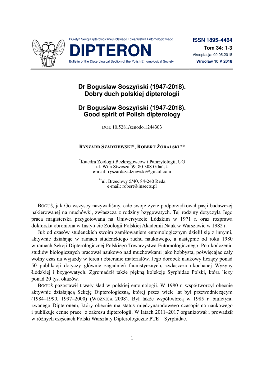 Pdf Dr Boguslaw Soszynski 1947 18 Dobry Duch Polskiej Dipterologii