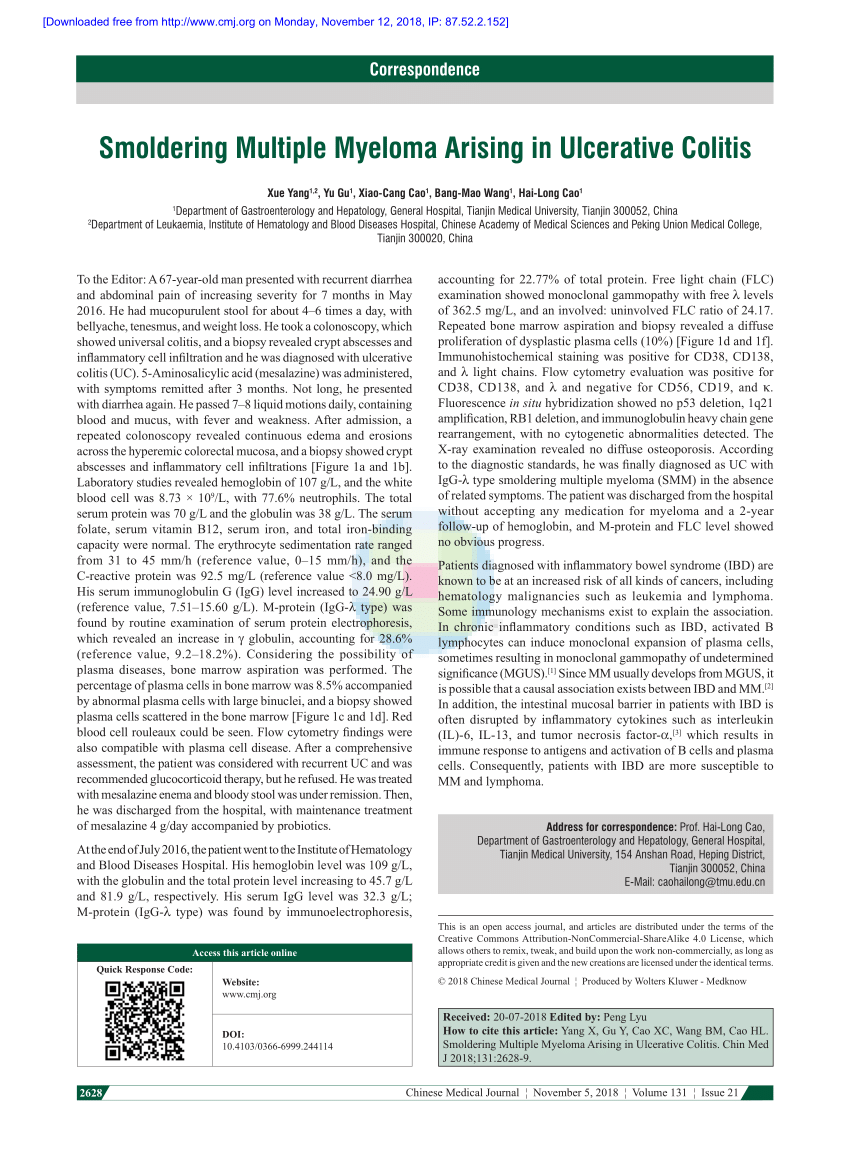 Pdf Smoldering Multiple Myeloma Arising In Ulcerative Colitis