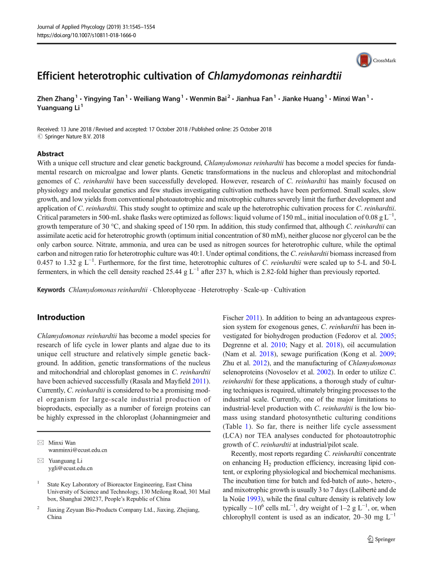 Pdf Efficient Heterotrophic Cultivation Of Chlamydomonas Reinhardtii