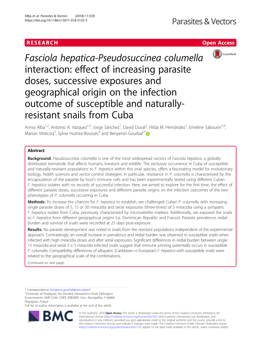 Fasciola hepatica-Pseudosuccinea columella interaction: effect of  increasing parasite doses, successive exposures and geographical origin on  the infection outcome of susceptible and naturally-resistant snails from  Cuba, Parasites & Vectors