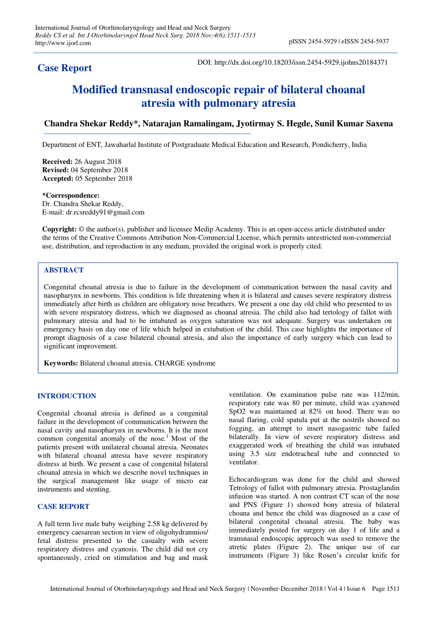 Pdf Modified Transnasal Endoscopic Repair Of Bilateral Choanal Atresia With Pulmonary Atresia 