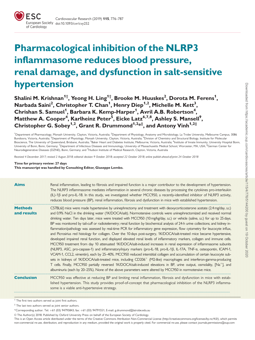 Pdf Pharmacological Inhibition Of The Nlrp3 Inflammasome Reduces Blood Pressure Renal Damage And Dysfunction In Salt Sensitive Hypertension