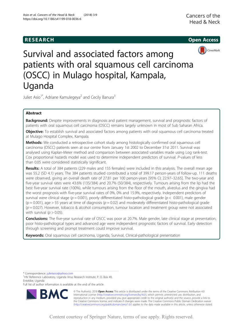 PDF) Survival and associated factors among patients with oral squamous cell  carcinoma (OSCC) in Mulago hospital, Kampala, Uganda