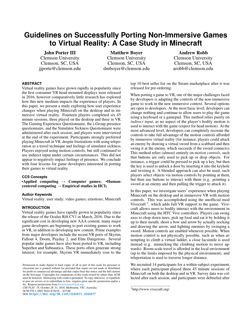 Pdf Guidelines On Successfully Porting Non Immersive Games To Virtual Reality A Case Study In Minecraft