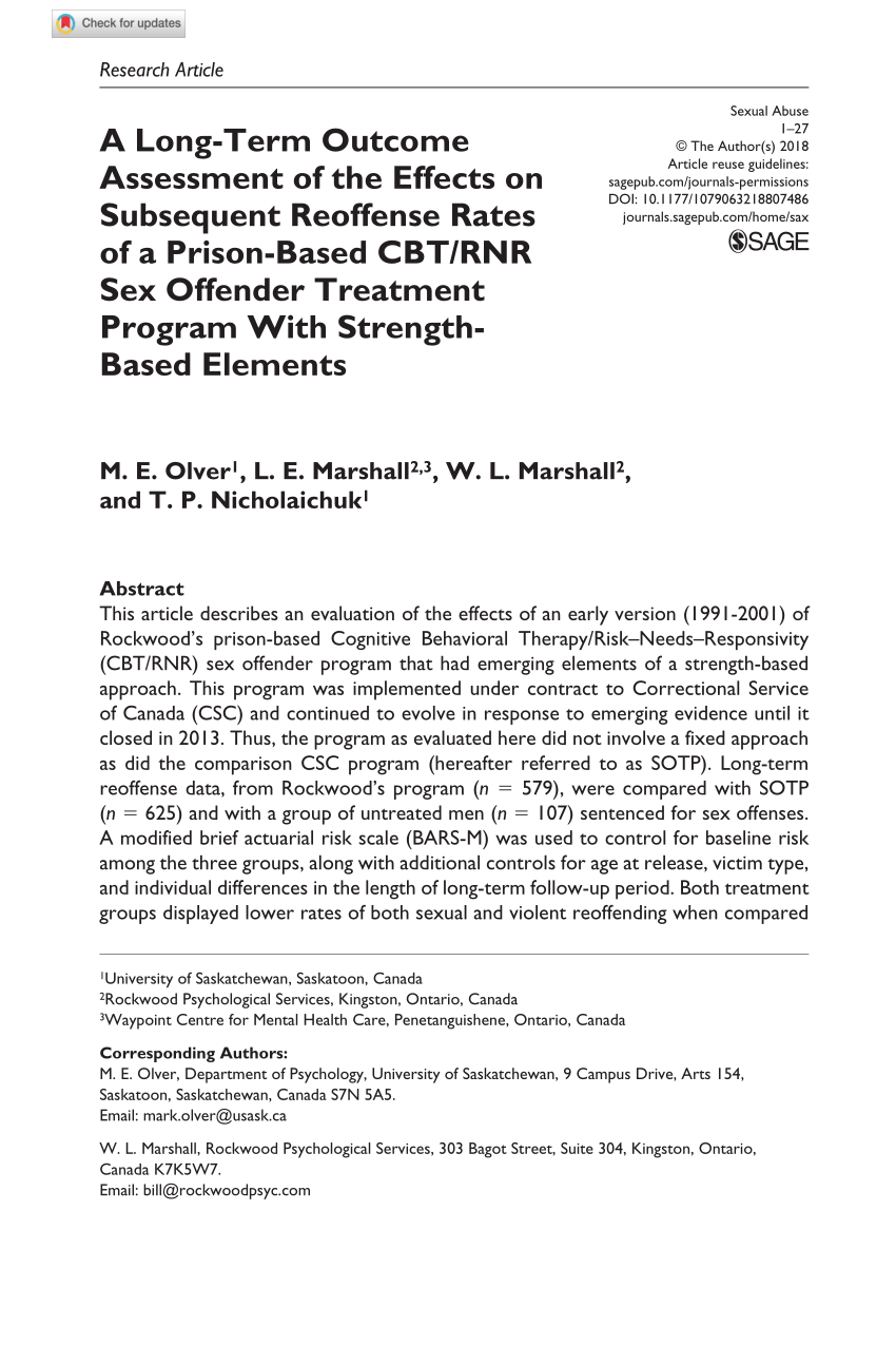 PDF) A Long-Term Outcome Assessment of the Effects on Subsequent Reoffense  Rates of a Prison-Based CBT/RNR Sex Offender Treatment Program With  Strength-Based Elements