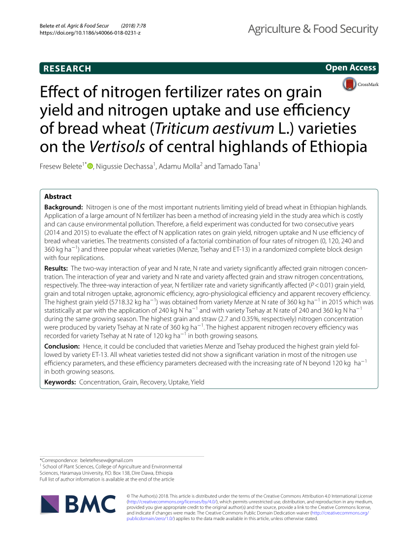 Pdf Effect Of Nitrogen Fertilizer Rates On Grain Yield And Nitrogen Uptake And Use Efficiency 4860