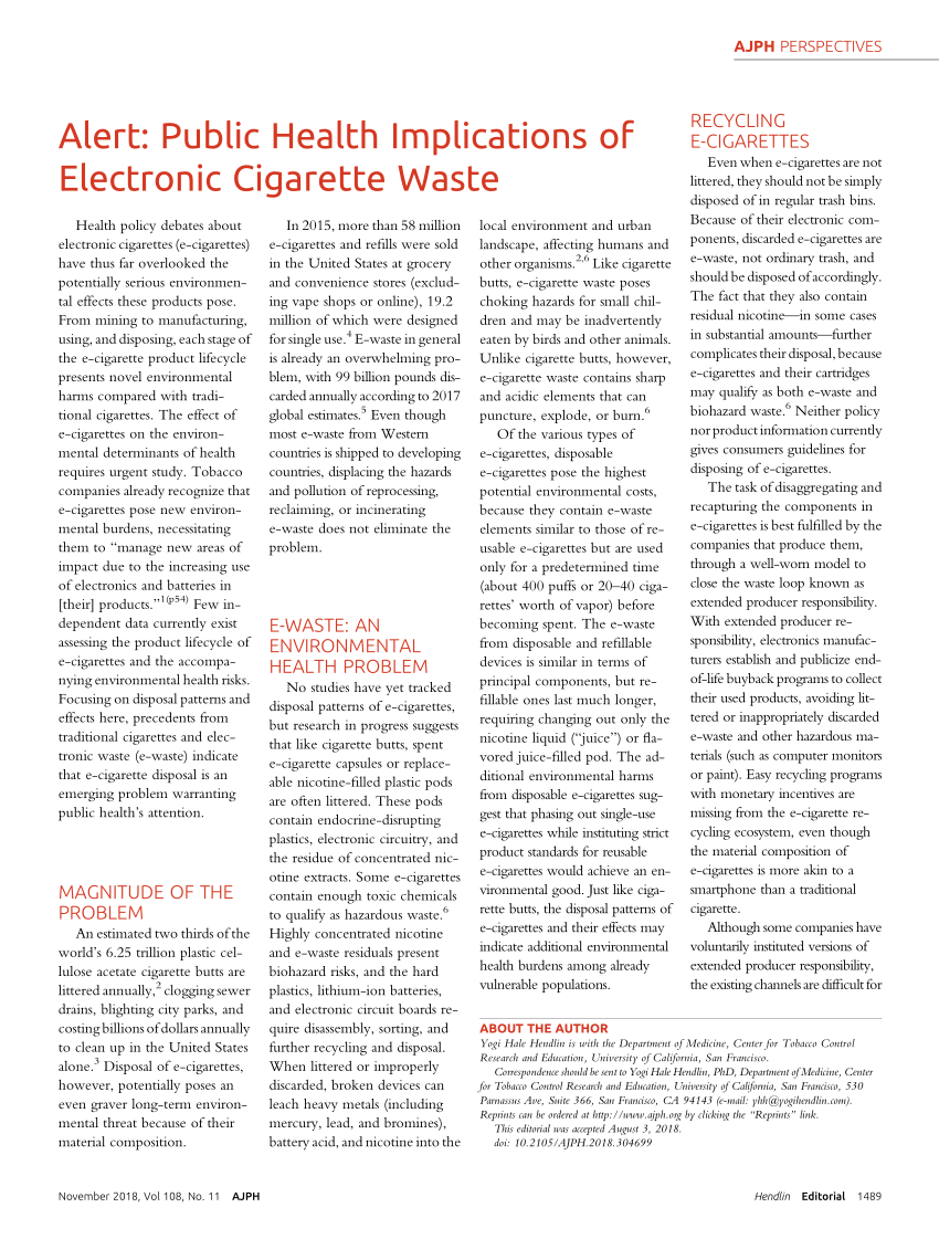 PDF Alert Public Health Implications of Electronic Cigarette Waste