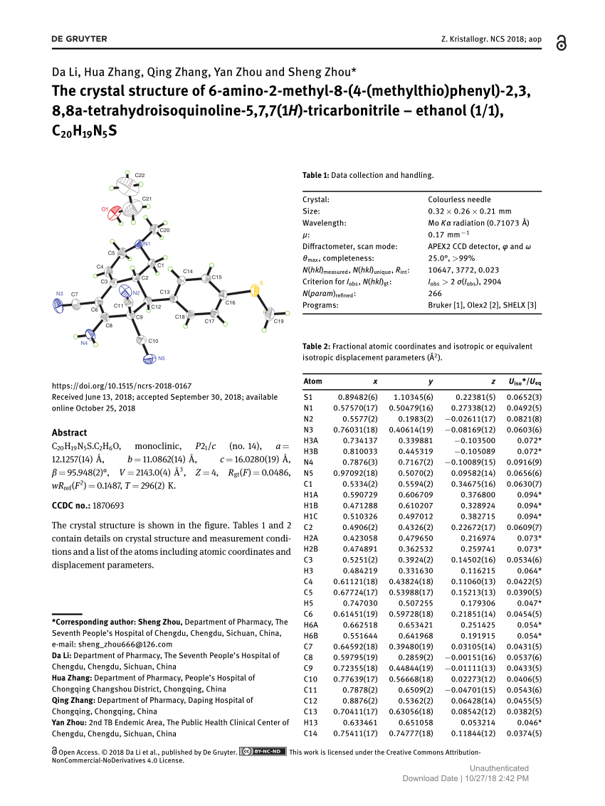 Pdf The Crystal Structure Of 6 Amino 2 Methyl 8 4 Methylthio Phenyl 2 3 8 8a Tetrahydroisoquinoline 5 7 7 1h Tricarbonitrile Ethanol 1 1 Ch19n5s