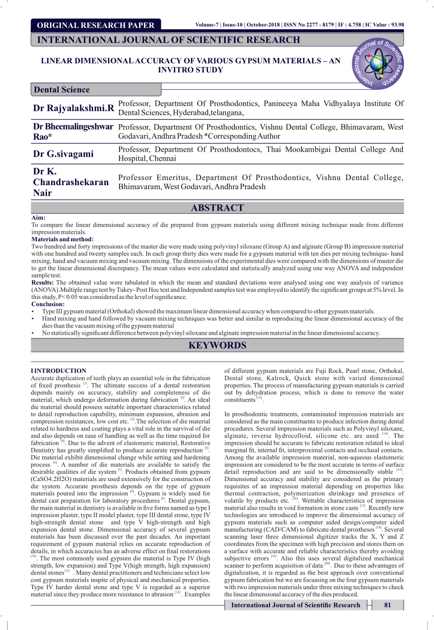 (PDF) LINEAR DIMENSIONAL ACCURACY OF VARIOUS GYPSUM MATERIALSAN