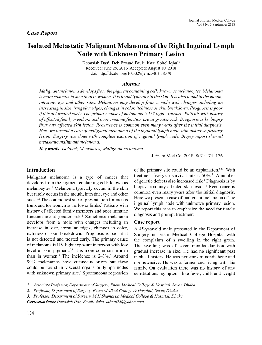 Pdf Isolated Metastatic Malignant Melanoma Of The Right Inguinal Lymph Node With Unknown 