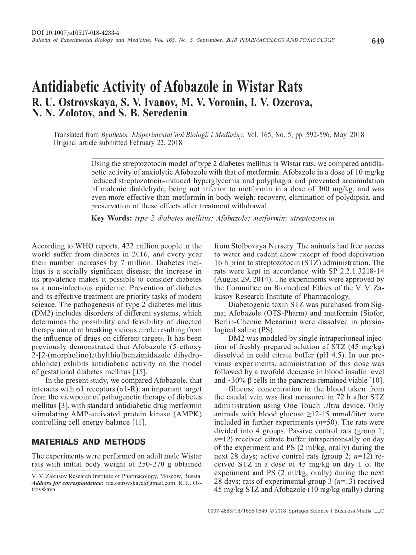 Pdf Antidiabetic Activity Of Afobazole In Wistar Rats