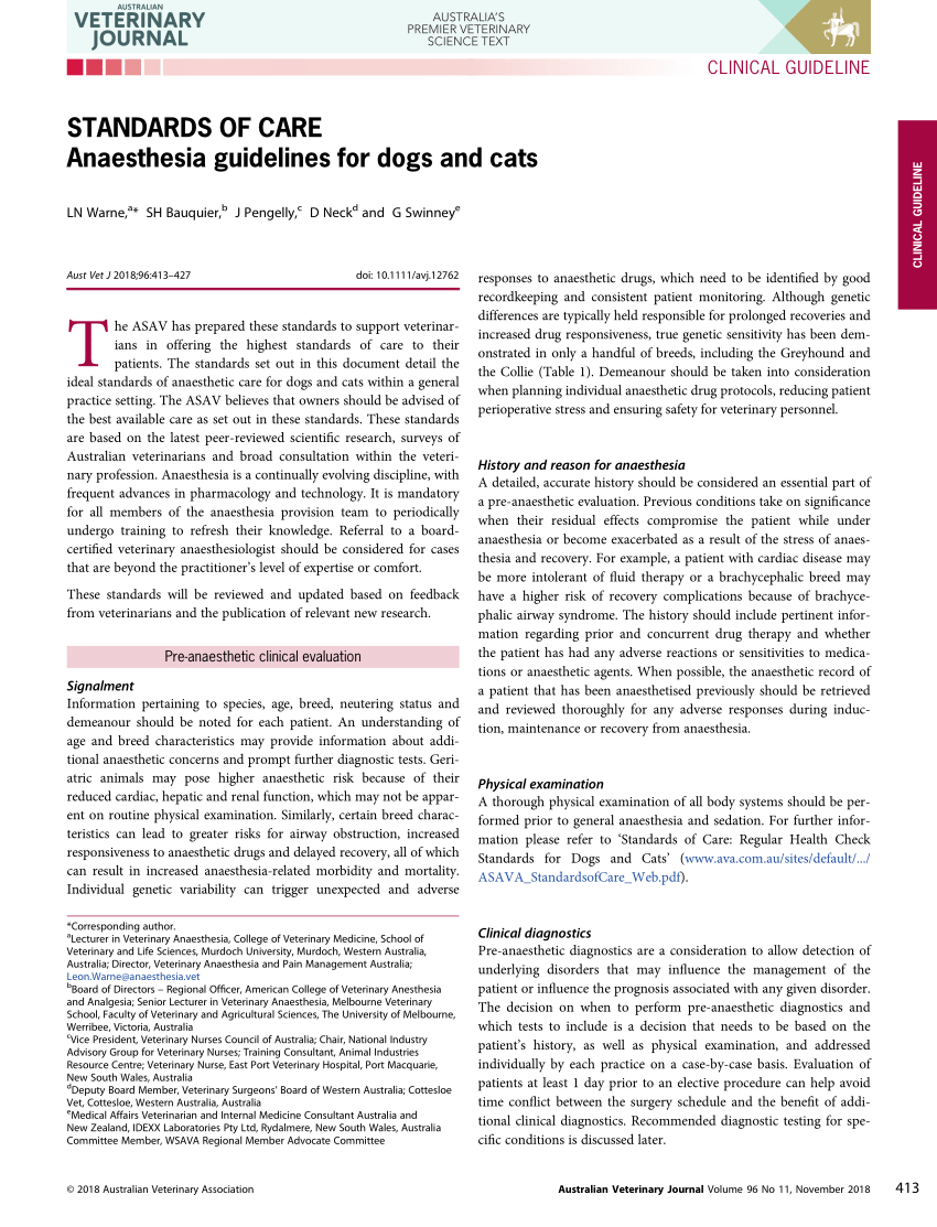 PDF) STANDARDS OF CARE Anaesthesia guidelines for dogs and cats