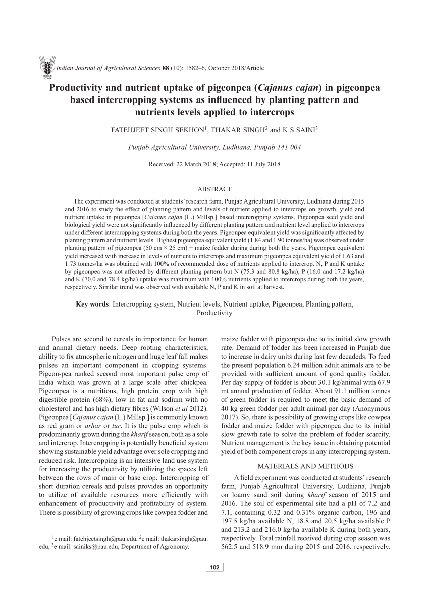 PDF) Productivity and nutrient uptake of pigeonpea (Cajanus cajan