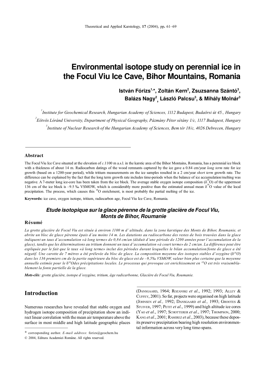 Pdf Environmental Isotope Study On Perennial Ice In The Focul Viu Ice Cave Bihor Mountains Romania