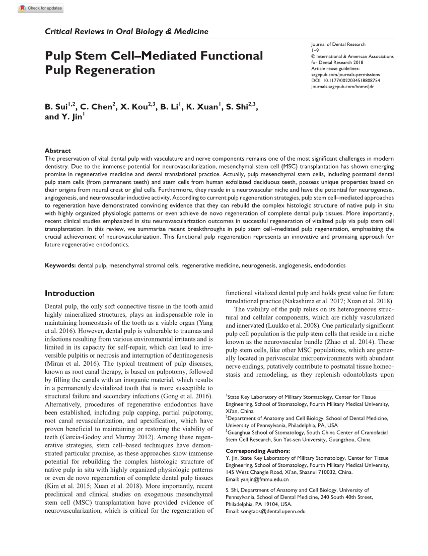 (PDF) Pulp Stem Cell–Mediated Functional Pulp Regeneration