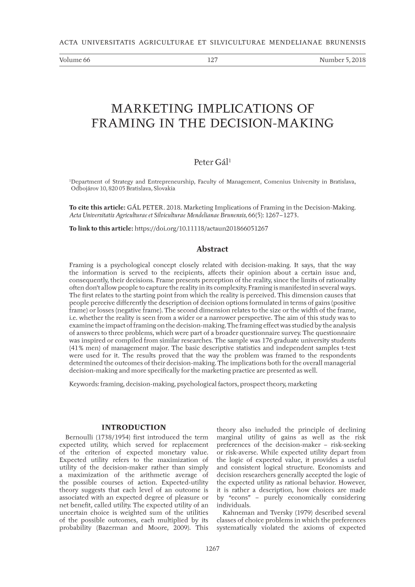 PDF) Marketing Implications of Framing in the Decision‑Making