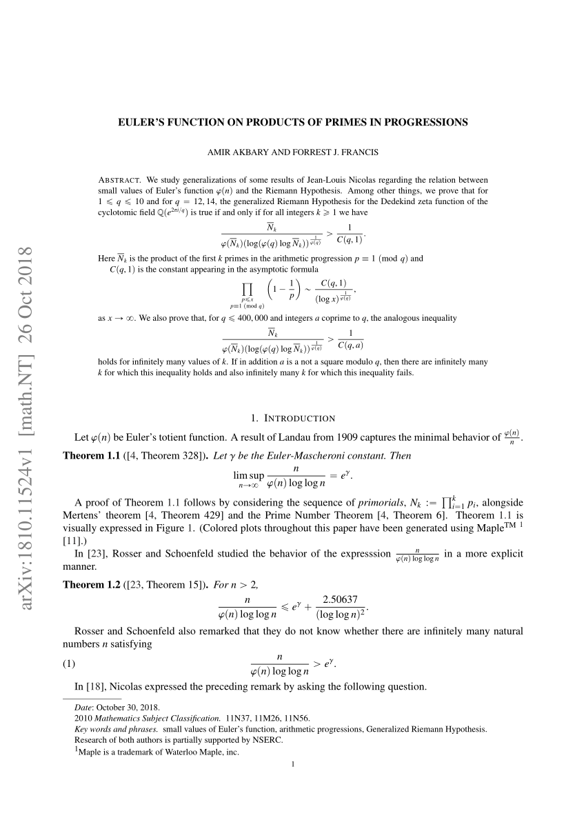 Pdf Euler S Function On Products Of Primes In Progressions