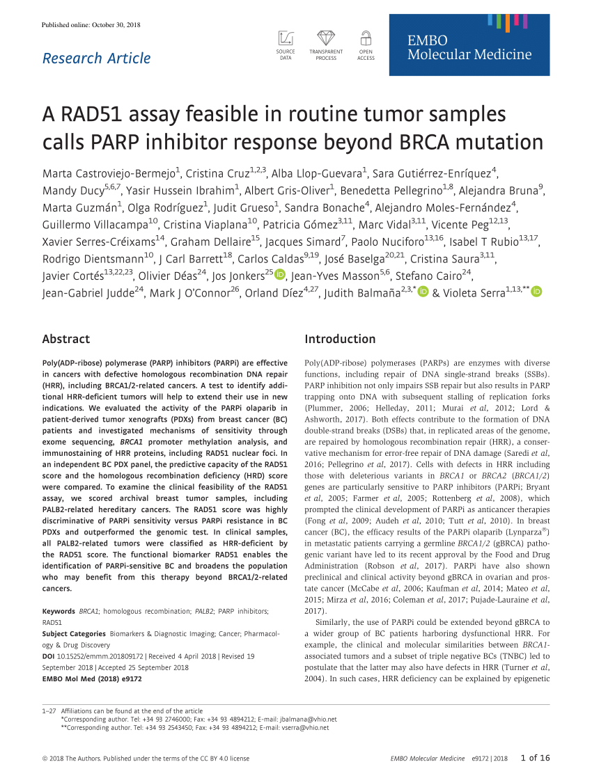 Pdf A Rad51 Assay Feasible In Routine Tumor Samples Calls Parp Inhibitor Response Beyond Brca Mutation