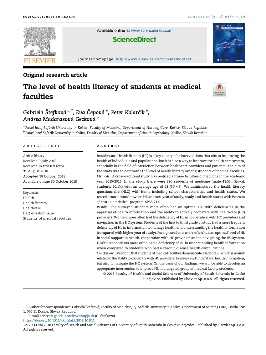 Pdf The Level Of Health Literacy Of Students At Medical Faculties