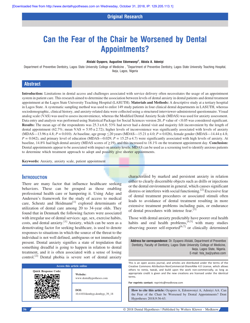 Pdf Can The Fear Of The Chair Be Worsened By Dental