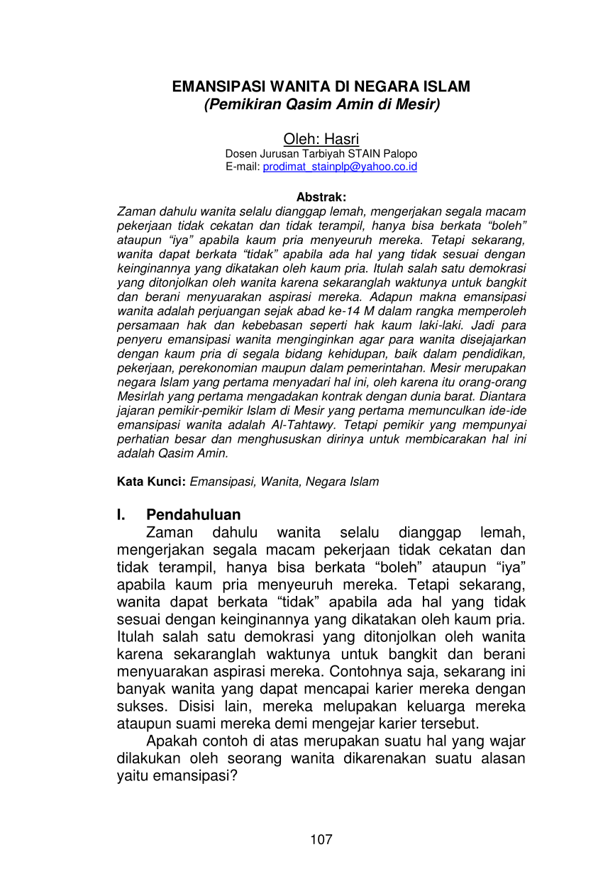 PDF Emansipasi Wanita Di Negara Islam Pemikiran Qasim Amin Di Mesir