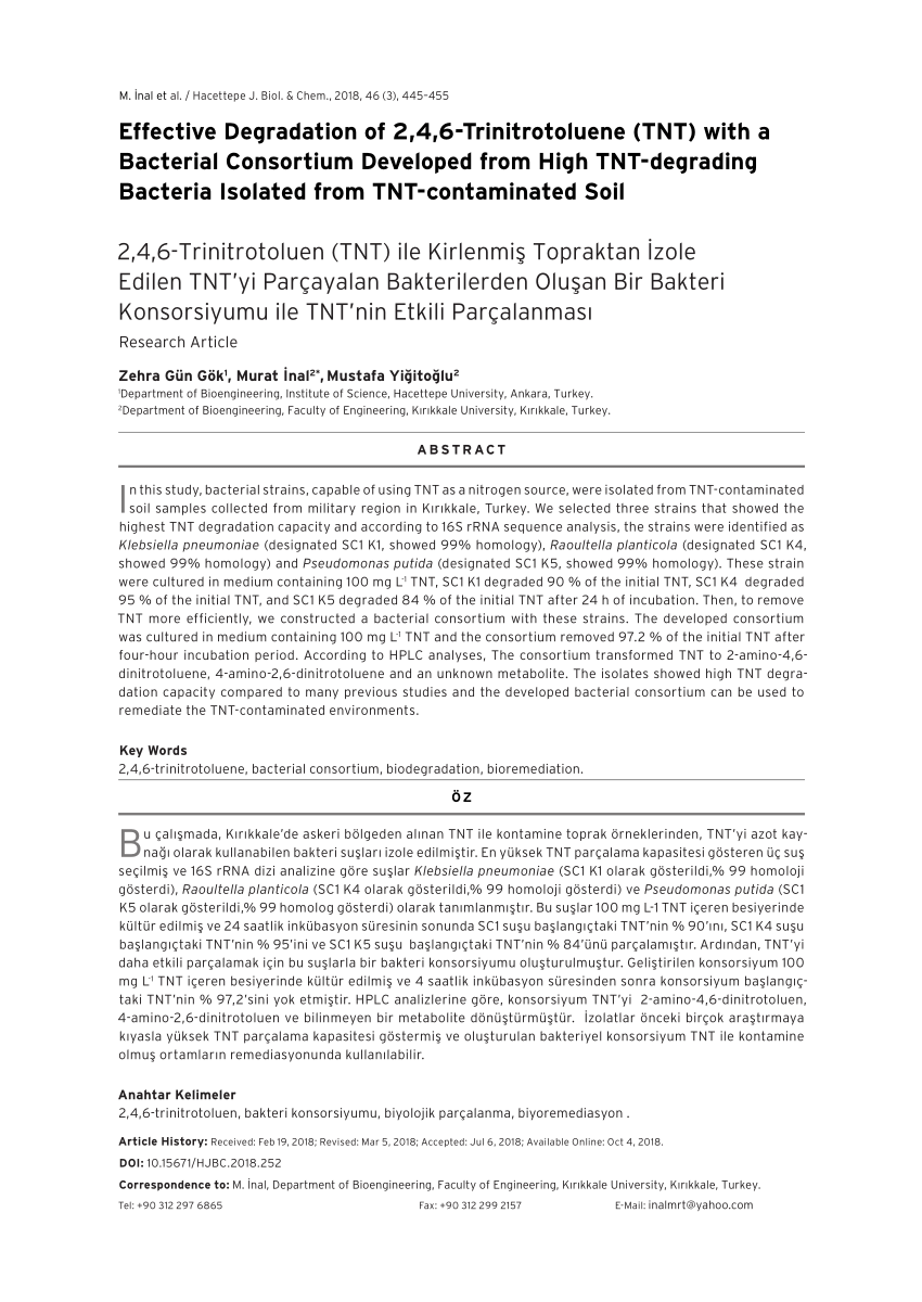 Pdf Effective Degradation Of 2 4 6 Trinitrotoluene Tnt With A Bacterial Consortium Developed From High Tnt Degrading Bacteria Isolated From Tnt Contaminated Soil