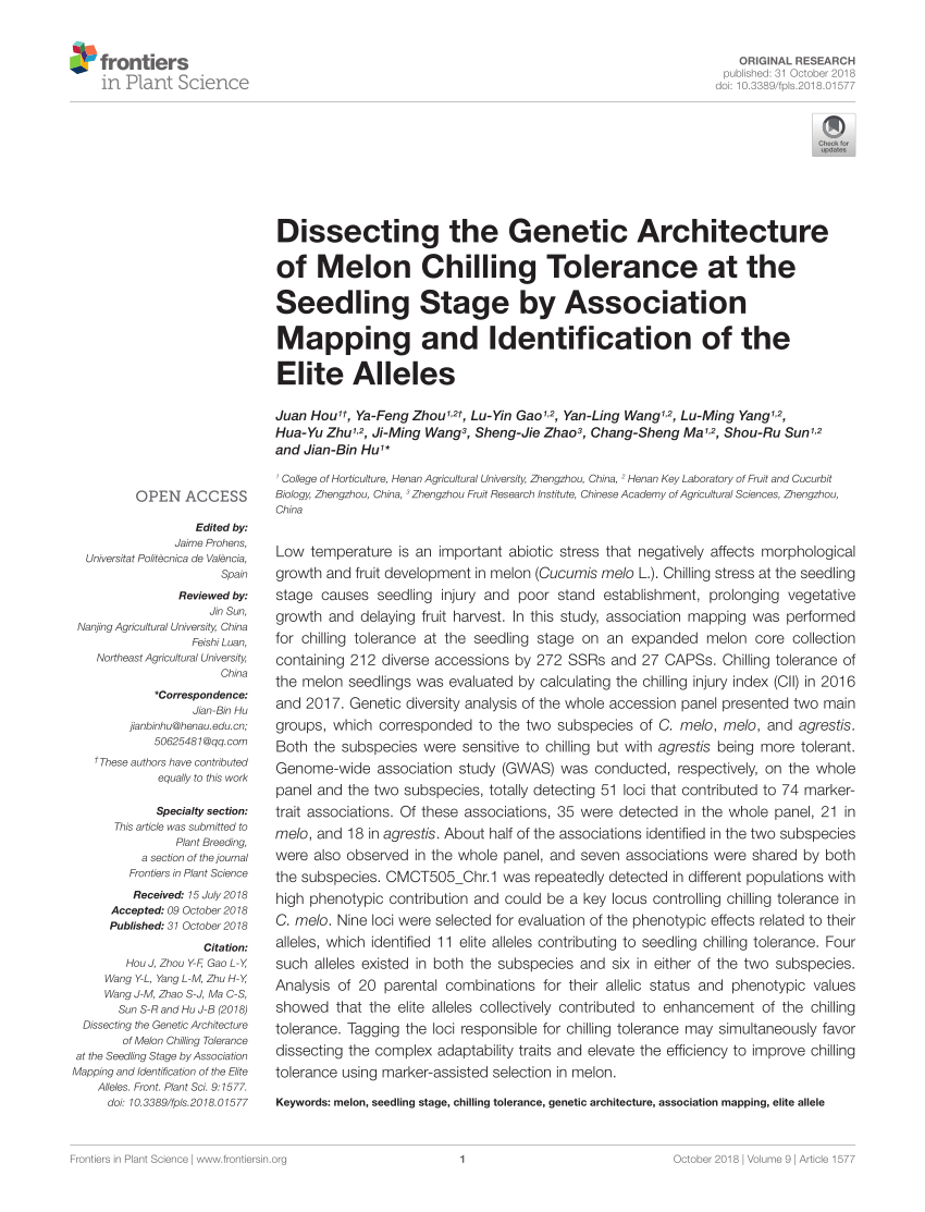 Pdf Dissecting The Genetic Architecture Of Melon Chilling Tolerance At The Seedling Stage By Association Mapping And Identification Of The Elite Alleles