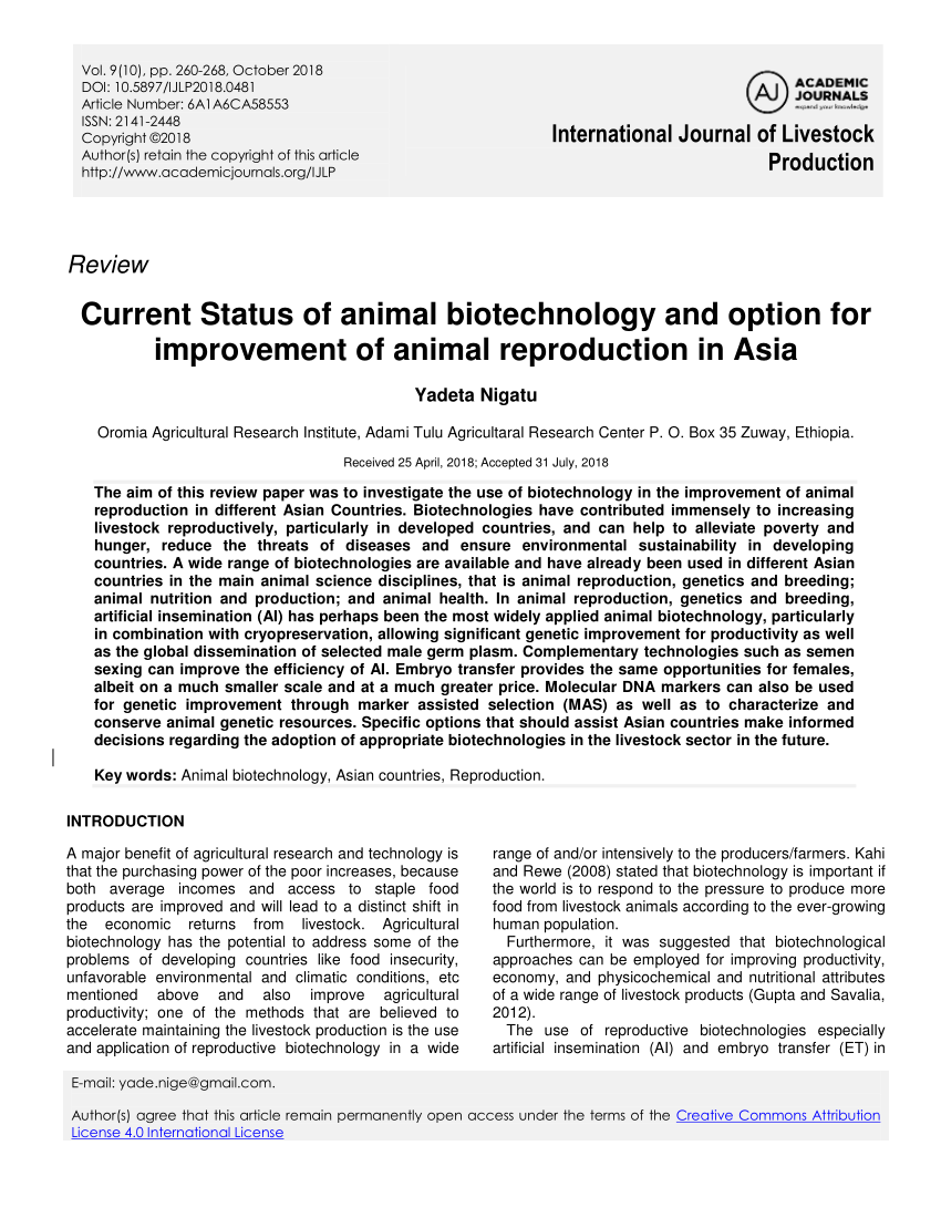 PDF) Current Status of animal biotechnology and option for improvement of  animal reproduction in Asia