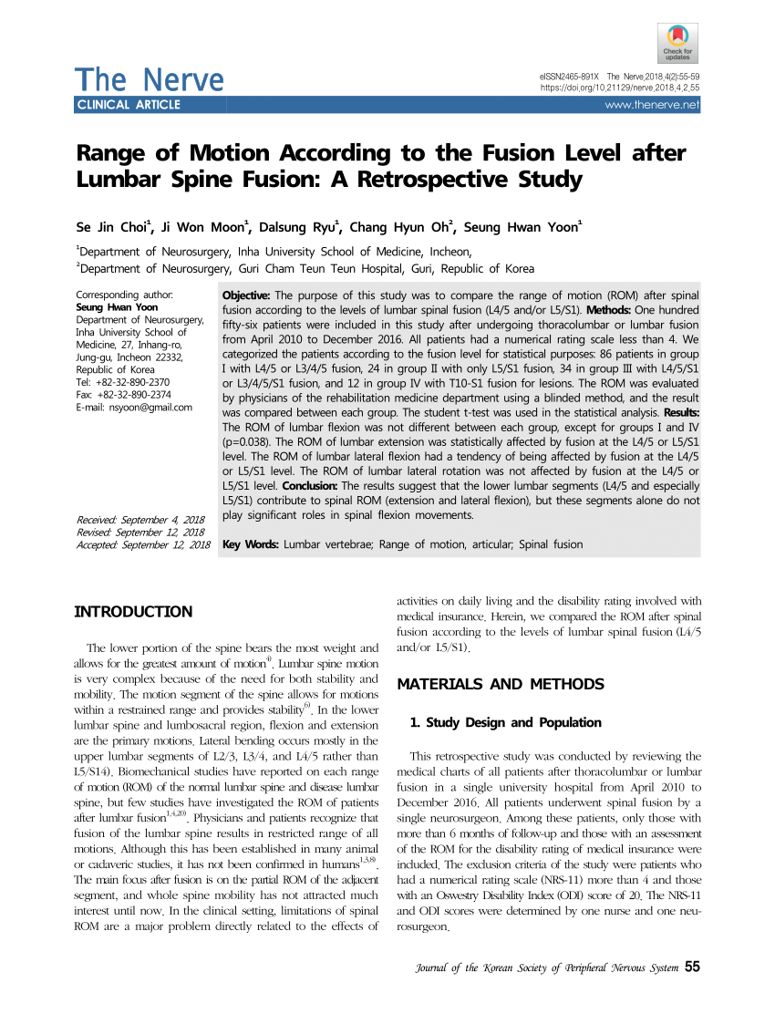Pdf Range Of Motion According To The Fusion Level After Lumbar Spine Fusion A Retrospective Study