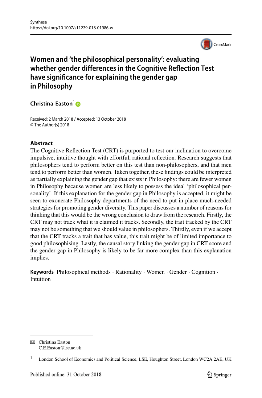 Pdf Women And The Philosophical Personality Evaluating Whether Gender Differences In The Cognitive Reflection Test Have Significance For Explaining The Gender Gap In Philosophy