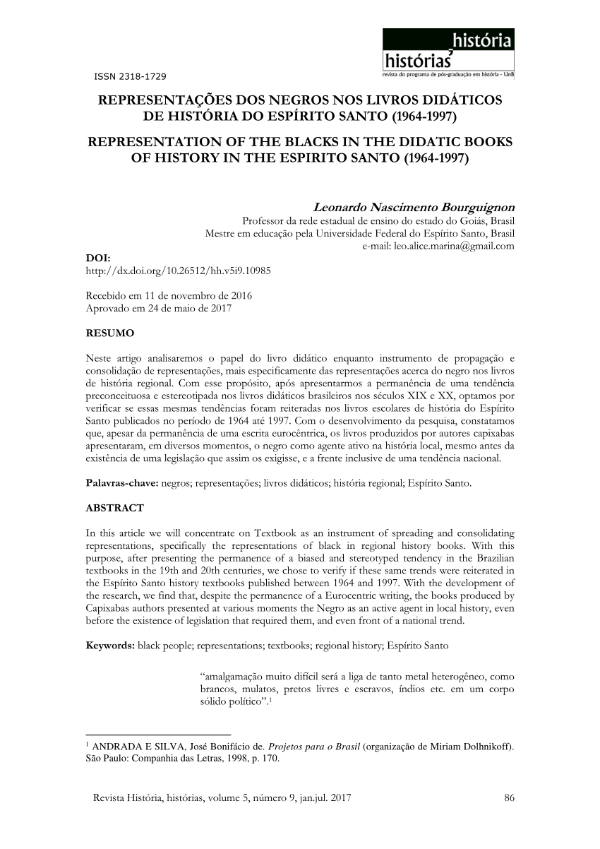 Pdf Representação Dos Negros Nos Livros Didáticos De História Do Espírito Santo 1964 1997 4515