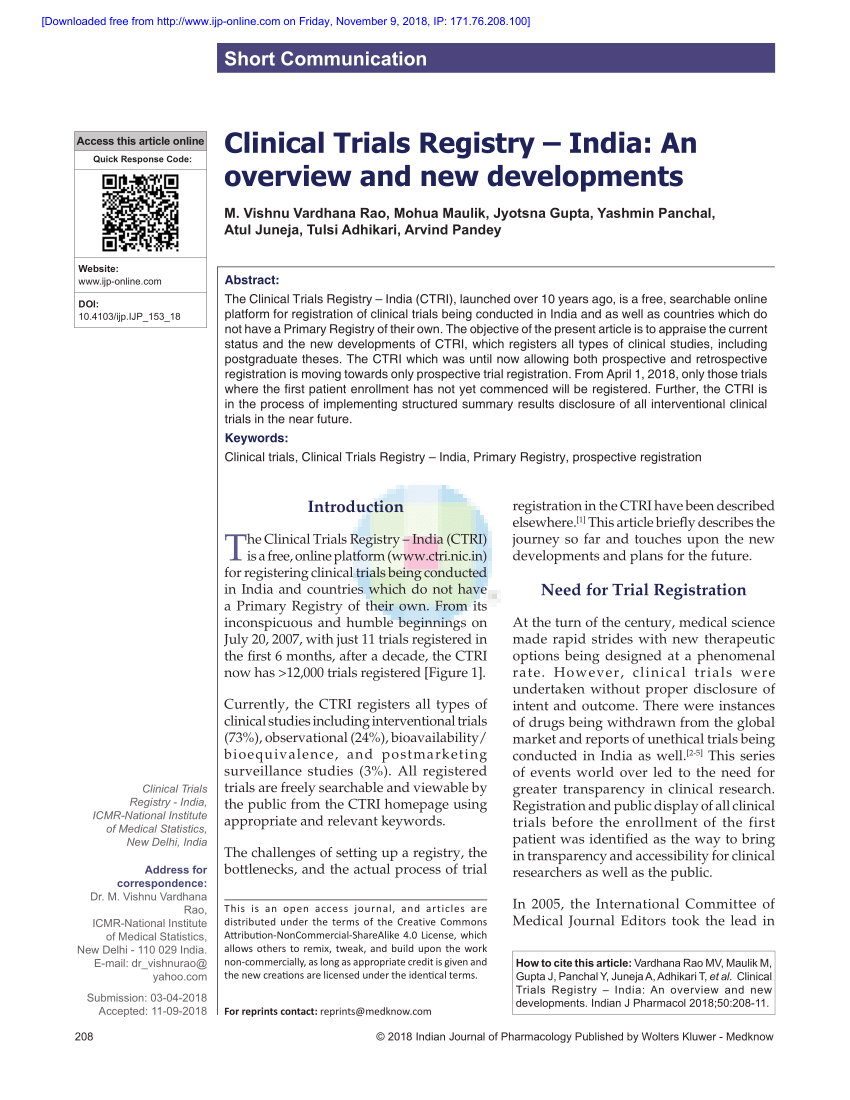 Pdf Clinical Trials Registry India An Overview And New Developments