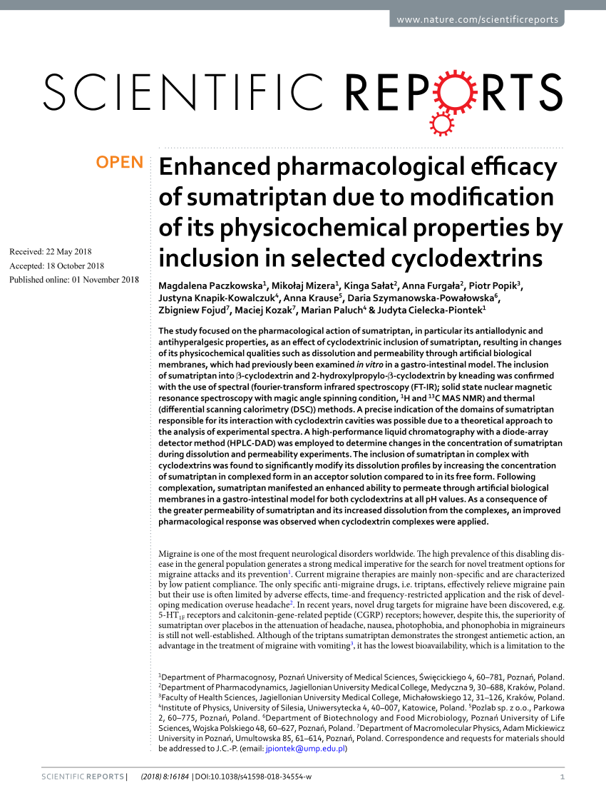 PDF) Enhanced pharmacological efficacy of sumatriptan due to modification  of its physicochemical properties by inclusion in selected cyclodextrins