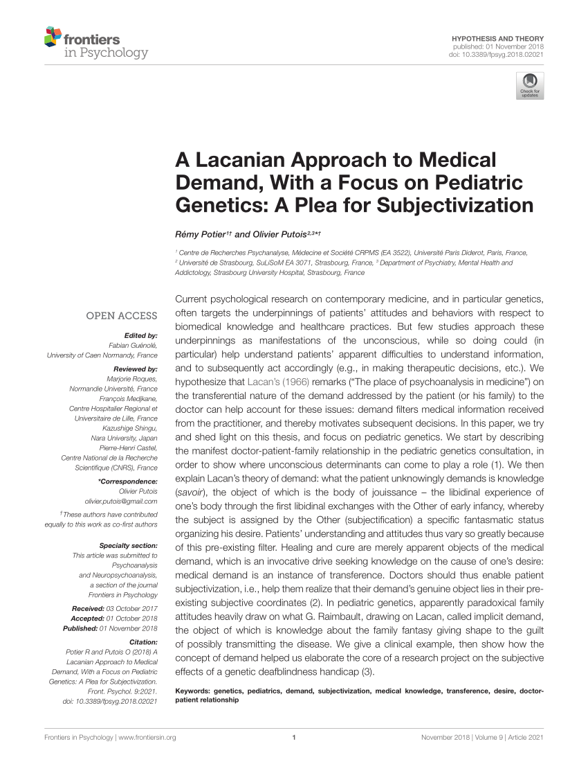 Pdf A Lacanian Approach To Medical Demand With A Focus On Pediatric Genetics A Plea For Subjectivization