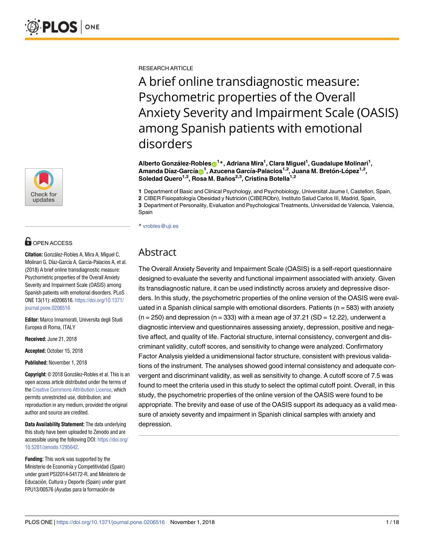 Pdf A Brief Online Transdiagnostic Measure Psychometric Properties Of The Overall Anxiety Severity And Impairment Scale Oasis Among Spanish Patients With Emotional Disorders